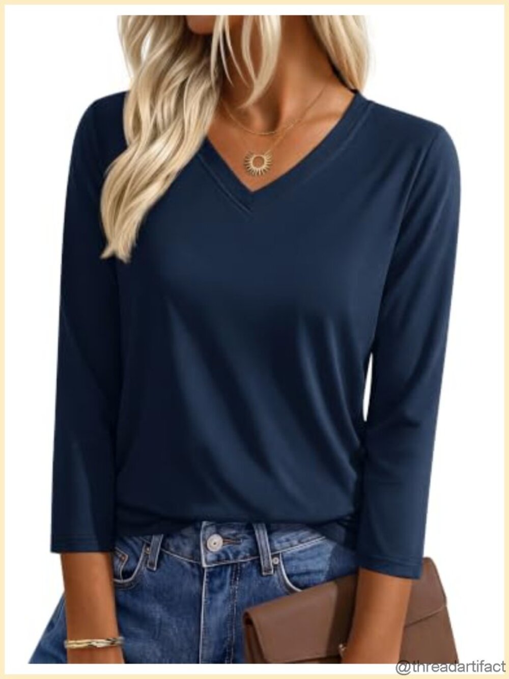 Women V Neck 3/4 Sleeve Cotton Blend Loose Fit Casual T-Shirt Top